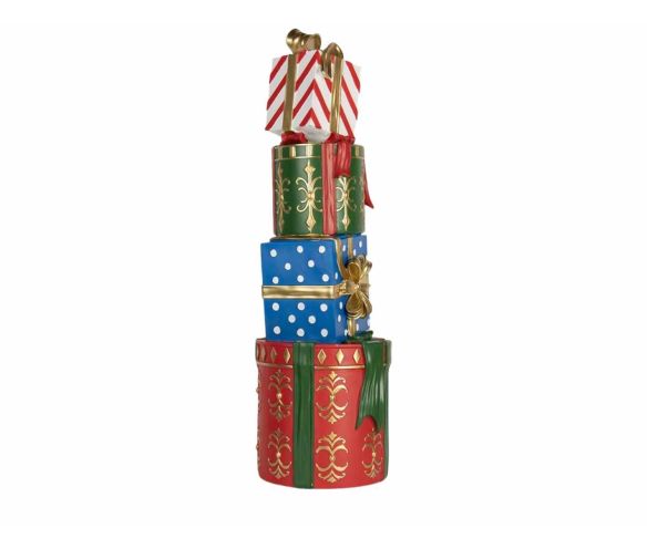 Grande décoration Noël pile cadeaux empilés rouge vert bleu rubans dorés résine H71cm