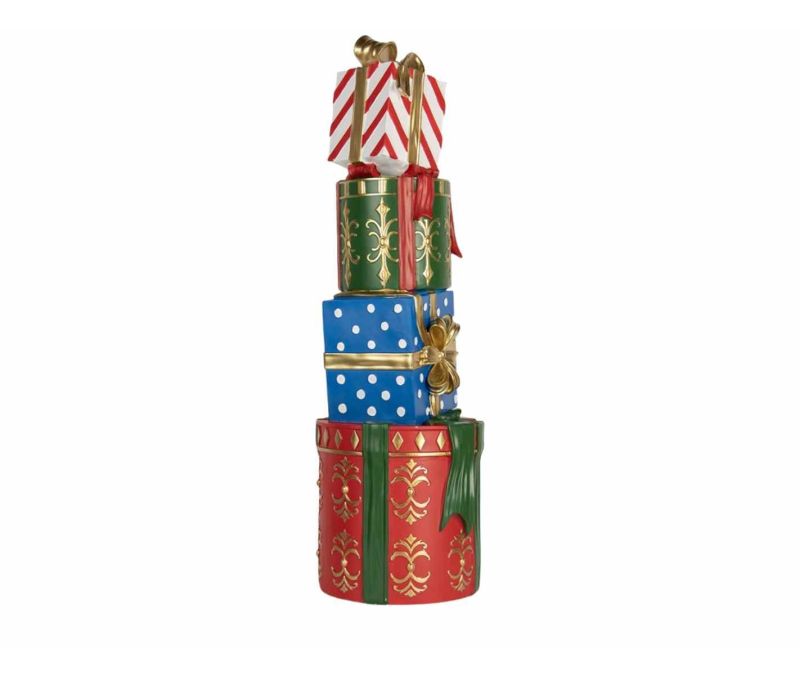 Grande décoration Noël pile cadeaux empilés rouge vert bleu rubans dorés résine H71cm