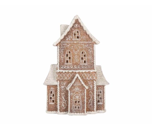 Manoir pain d'épices givré LED arabesques blanches paillettes scintillantes H23cm décoration Noël