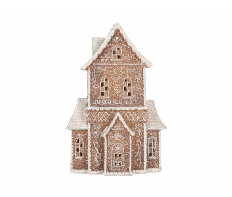 Manoir pain d'épices givré LED arabesques blanches paillettes scintillantes H23cm décoration Noël