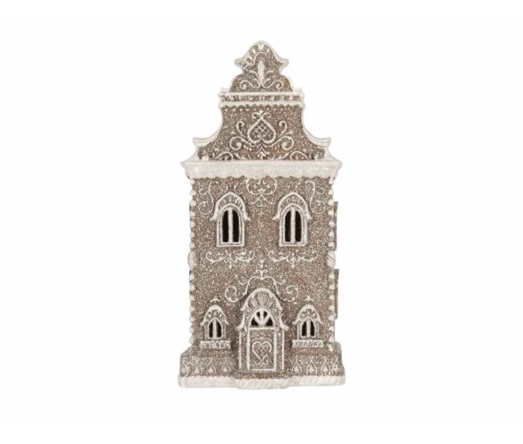 Maison gingerbread brun givré LED paillettes blanches arabesques style baroque H35cm décoration Noël