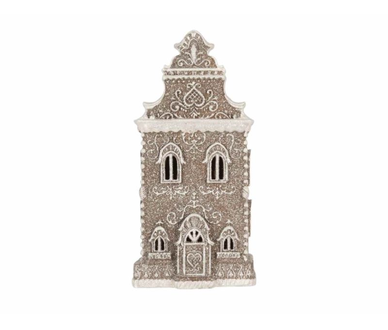 Maison gingerbread brun givré LED paillettes blanches arabesques style baroque H35cm décoration Noël