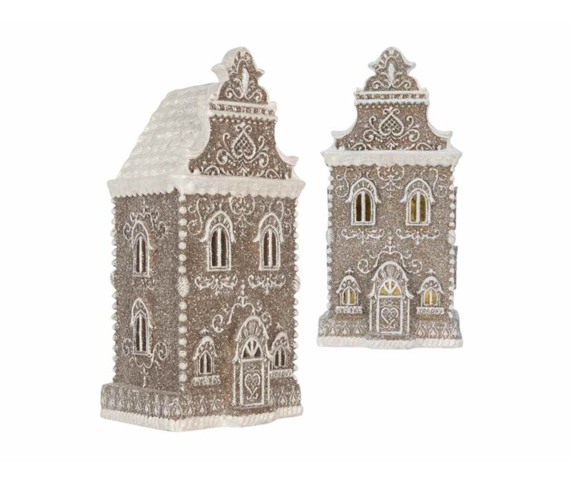 Maison gingerbread brun givré LED paillettes blanches arabesques style baroque H35cm décoration Noël