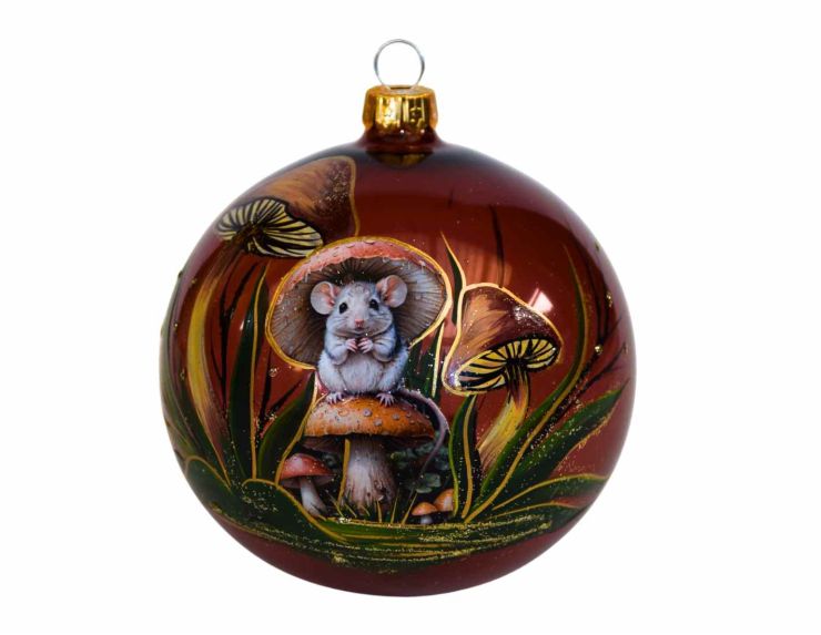 Boule de Noël souris champignons D 10 cm