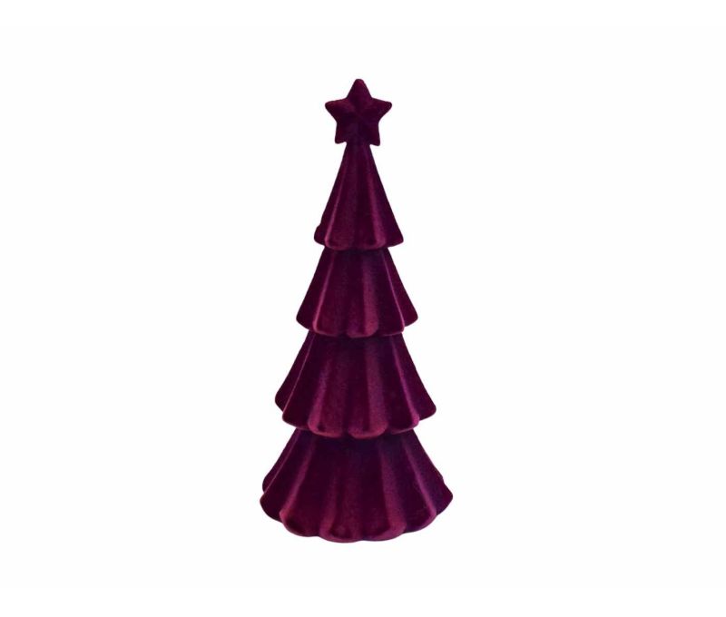 Sapin décoratif H39cm en velours floqué mauve violet, 4 étages festonnés, étoile au sommet monochrome