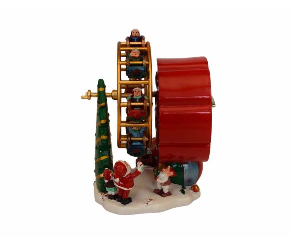Boîte à musique grande roue de Noël en résine H14cm, rouge et or, avec sapin vert, enfants et Pères Noël en mouvement