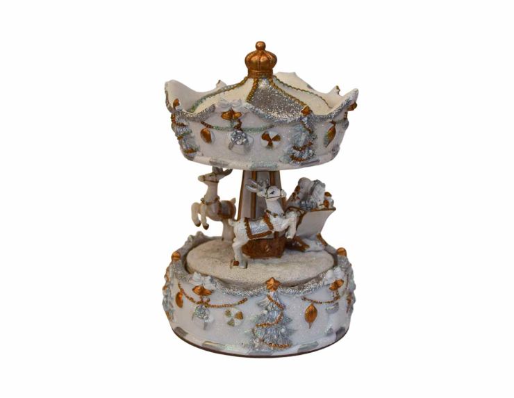 Boîte à musique carrousel argenté chevaux H15cm