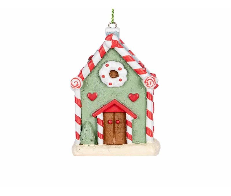Suspension résine maison vert pastel toit bordures sucre d'orge rouge blanc cœurs couronne porte marron H9cm