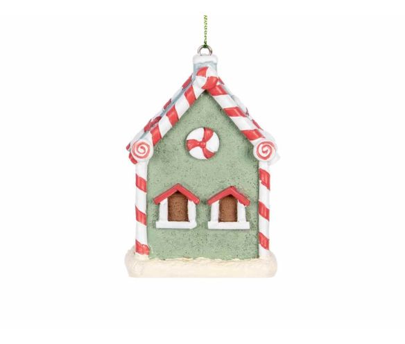 Suspension résine maison vert pastel toit bordures sucre d'orge rouge blanc cœurs couronne porte marron H9cm