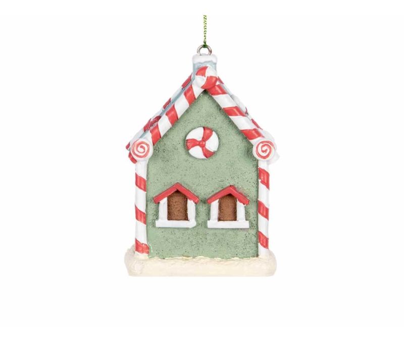 Suspension résine maison vert pastel toit bordures sucre d'orge rouge blanc cœurs couronne porte marron H9cm