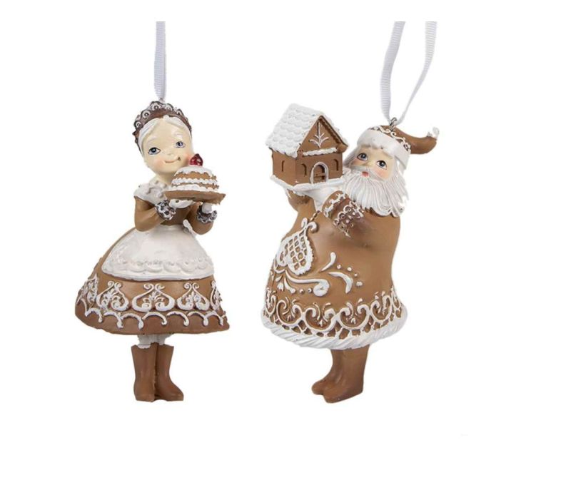 Set 2 suspensions résine pain d'épices Mère Noël robe décorée gâteau et Père Noël maison pain d'épices H13cm