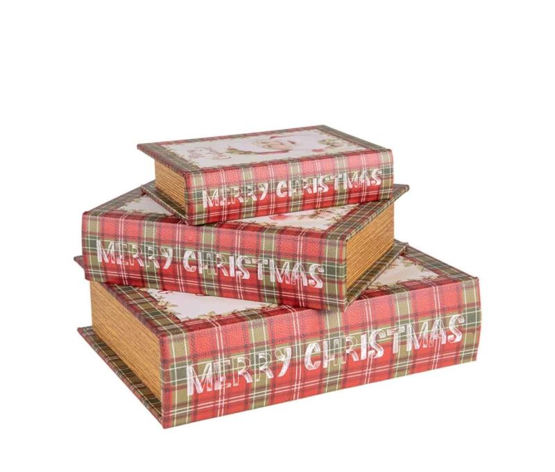 Lot 3 boîtes rangement forme livres vintage Noël tartan rouge Père Noël Merry Christmas H27cm