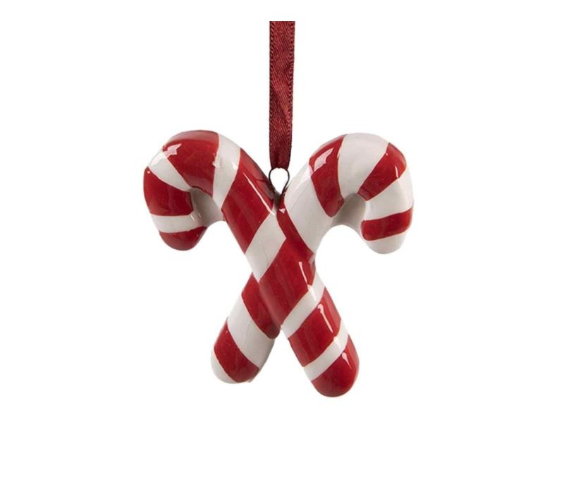 Suspension Noël deux sucres d'orge croisés céramique émaillée brillante rouge blanc rayures ruban rouge H8cm