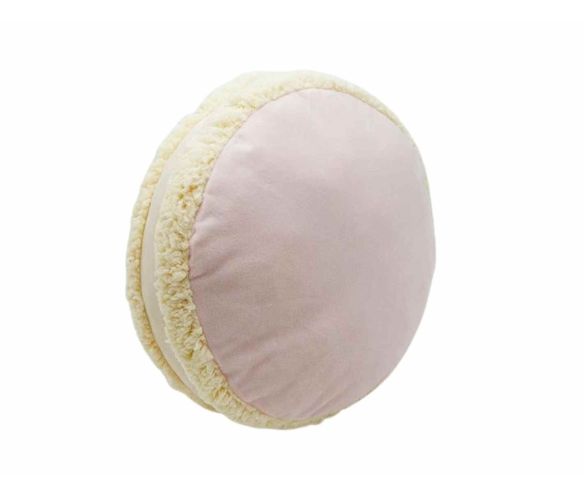 Coussin rond forme macaron velours rose poudré sherpa bouclé crème tranche épaisse D34cm épaisseur 9cm - Lilosquare