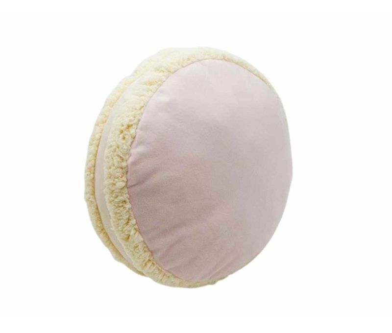 Coussin rond forme macaron velours rose poudré sherpa bouclé crème tranche épaisse D34cm épaisseur 9cm - Lilosquare