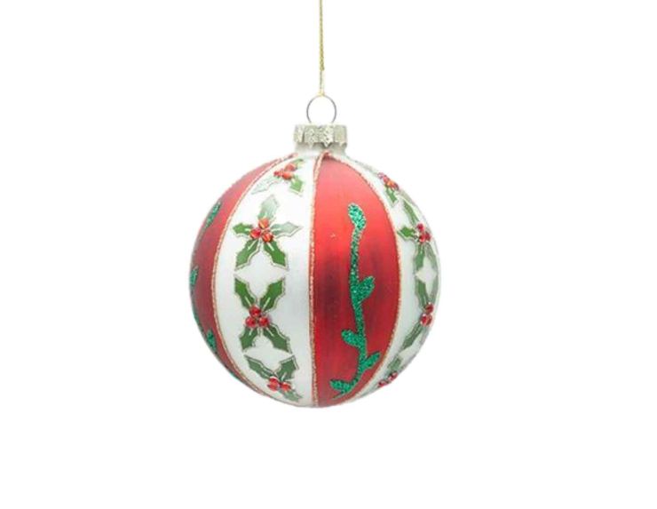 Boule de Noël blanche rouge motifs houx D 8cm