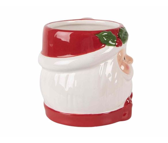 Mug céramique Noël tête Père Noël houx en relief bonnet rouge 300ml H14cm