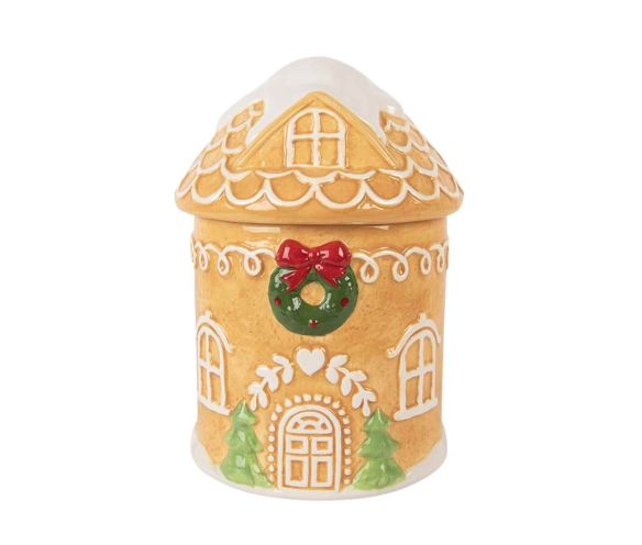 Pot céramique caramel forme maison pain d'épices couronne rouge couvercle toit enneigé sapins H17cm