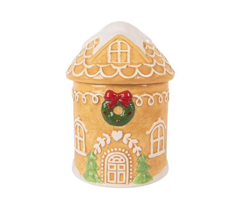 Pot céramique caramel forme maison pain d'épices couronne rouge couvercle toit enneigé sapins H17cm