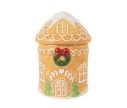 Voir la slide Pot céramique caramel forme maison pain d'épices couronne rouge couvercle toit enneigé sapins H17cm