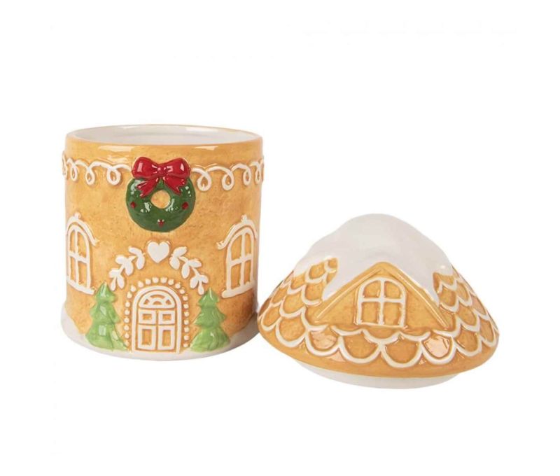 Pot céramique caramel forme maison pain d'épices couronne rouge couvercle toit enneigé sapins H17cm