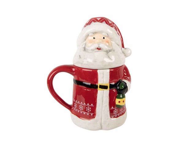 Mug céramique Noël Père Noël rouge couvercle tête barbe blanche lanterne 450ml H19cm