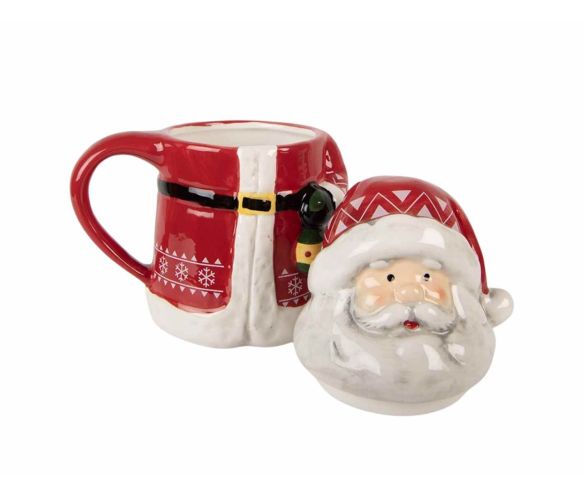 Mug céramique Noël Père Noël rouge couvercle tête barbe blanche lanterne 450ml H19cm
