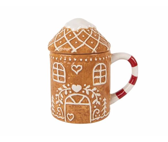 Mug céramique Noël forme maison pain d'épices couvercle toit enneigé anse rayée 350ml