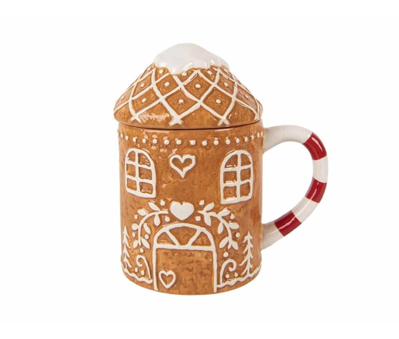 Mug céramique Noël forme maison pain d'épices couvercle toit enneigé anse rayée 350ml