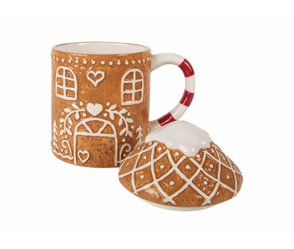 Mug céramique Noël forme maison pain d'épices couvercle toit enneigé anse rayée 350ml