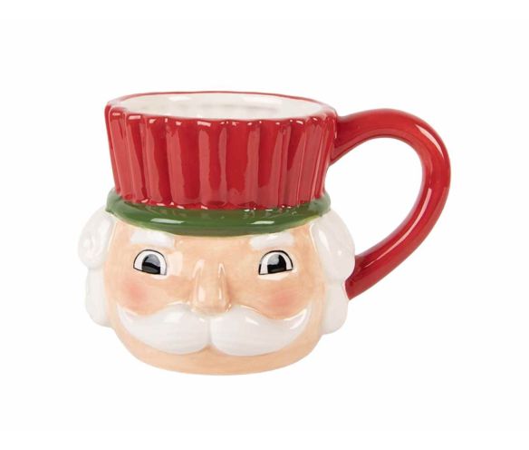 Mug céramique Noël forme tête casse-noisette chapeau rouge anse assortie 350ml H14cm