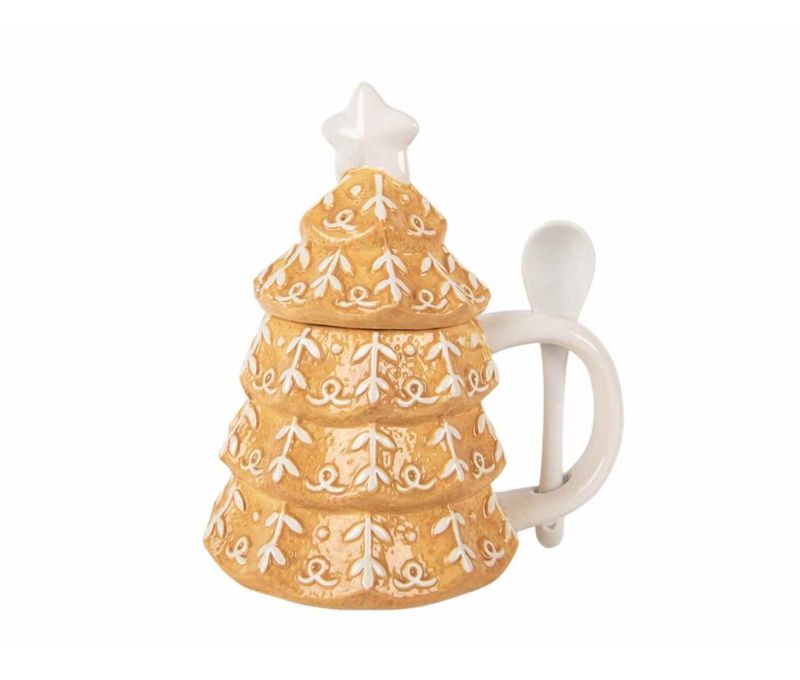 Mug céramique Noël forme sapin pain d'épices couvercle étoile cuillère motifs givrés H18cm 350ml