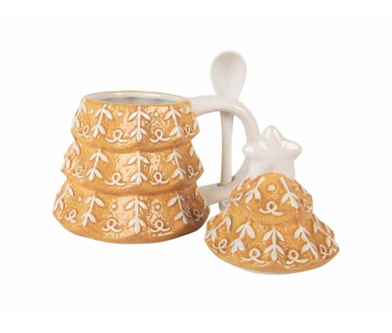 Mug céramique Noël forme sapin pain d'épices couvercle étoile cuillère motifs givrés H18cm 350ml