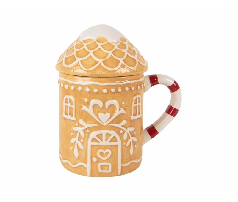 Mug céramique Noël maison pain d'épices coeurs blancs couvercle toit anse rayée 350ml