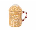 Voir la slide Mug céramique Noël maison pain d'épices coeurs blancs couvercle toit anse rayée 350ml
