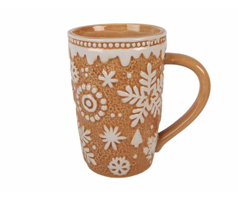 Grand mug céramique Noël façon pain d'épices flocons blancs relief 575ml H15cm