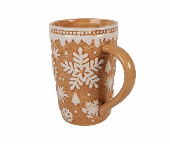 Grand mug céramique Noël façon pain d'épices flocons blancs relief 575ml H15cm