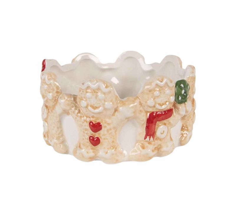 Bol céramique blanc bord festonné bonhommes pain d'épices relief écharpe rouge chapeau vert D14cm
