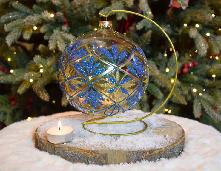 Photophore baroque bleu soufflé D 15 cm de face