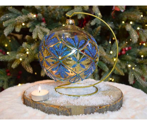 Photophore boule de Noël verre soufflé peint main motif baroque bleu doré support doré D15cm de face