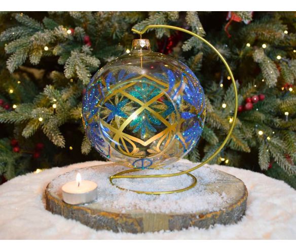 Photophore boule de Noël verre soufflé peint main motif baroque bleu doré support doré D15cm arrière