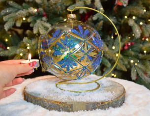 Photophore baroque bleu soufflé D 15 cm coté