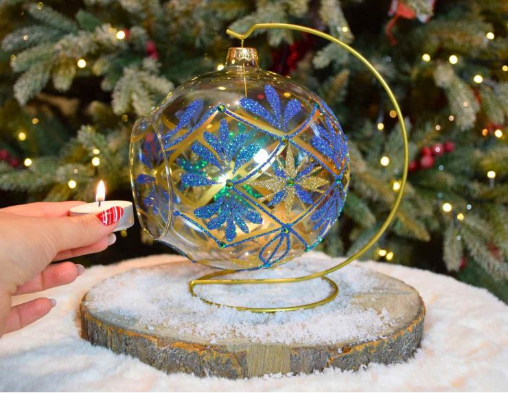 Photophore baroque bleu soufflé D 15 cm coté