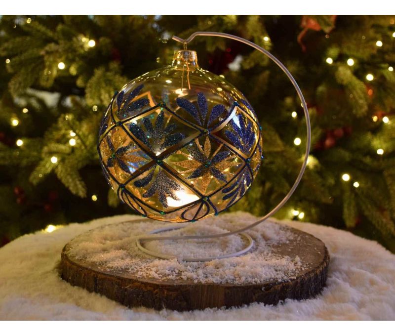 Photophore boule de Noël verre soufflé peint main motif baroque bleu doré support doré D15cm bougies