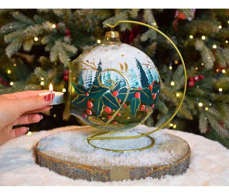 Photophore de Noël forêt verte D 15 cm côté avec bougie