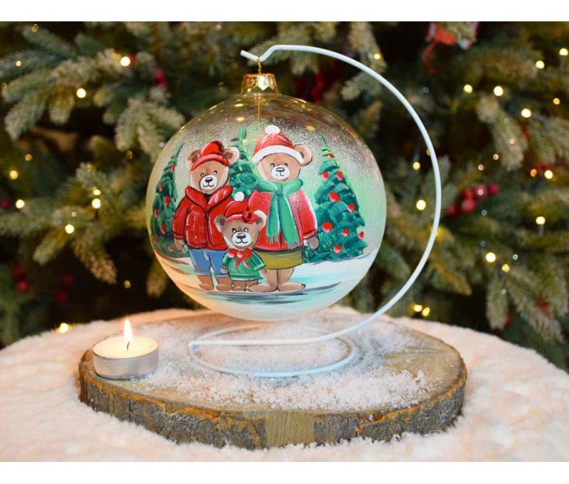 Photophore boule de Noël verre soufflé peint main famille ours sapin support blanc D15cm