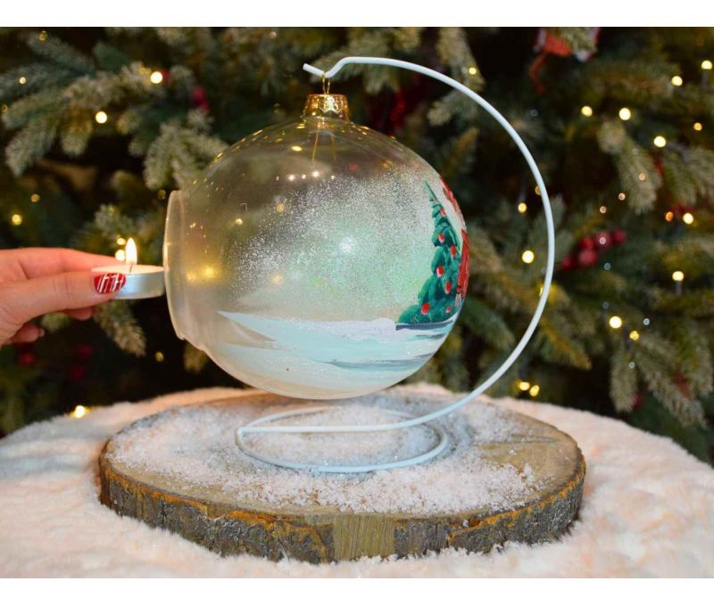 Photophore boule de Noël verre soufflé peint main famille ours sapin support blanc D15cm