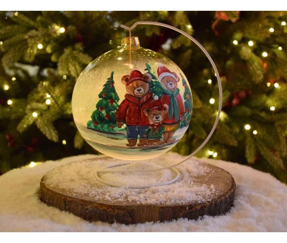 Photophore boule de Noël verre soufflé peint main famille ours sapin support blanc D15cm