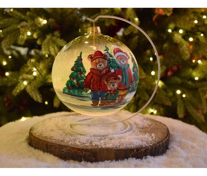 Photophore boule de Noël verre soufflé peint main famille ours sapin support blanc D15cm