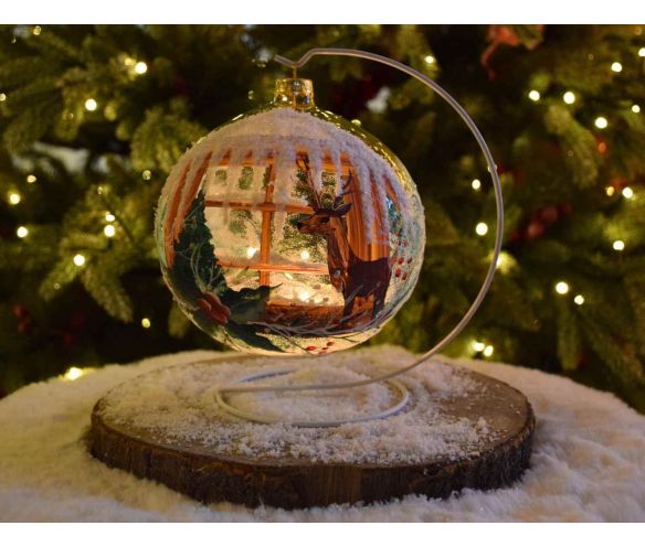 Photophore boule de Noël verre soufflé peint main renne fenêtre enneigée support blanc D15cm